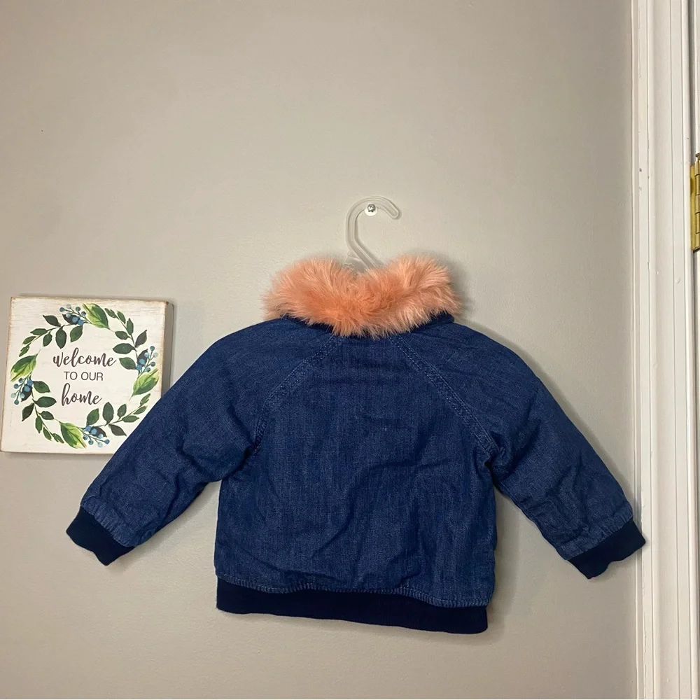 Gymboree Baby Girl Jean Jacket Lined Coat With Removable Pink Fur Collar 6-12M